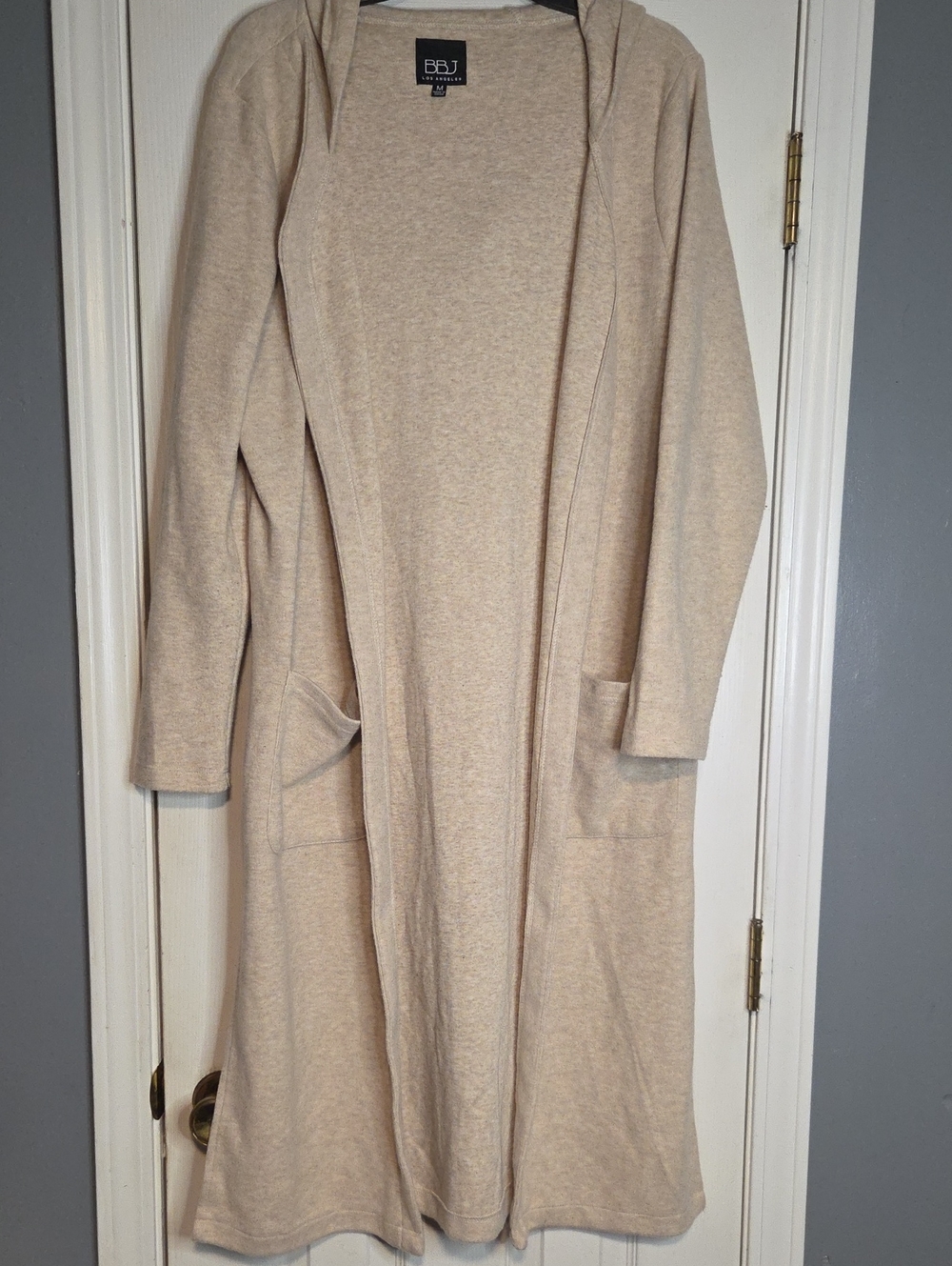 BBJ Long Hooded Open-Front Cardigan in Light Beige